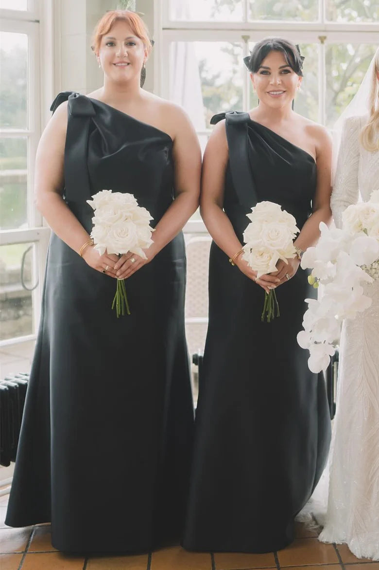 black one shoulder bridesmaid dresses One Shoulder Black Satin Nernaid Cheap Side Slit Long Custom Bridesmaid Dresses , MRB0060