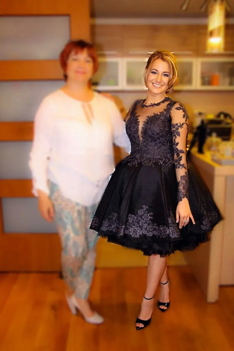 Black Short Lace Homecoming Dress Knee Length Long Sleeves Damas Dress Custom color / US0 Black Short Lace Homecoming Dress Knee Length Long Sleeves Damas Dress Custom color / US0