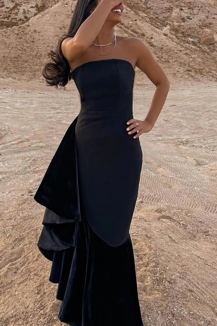 Black Strapless Prom Dress Mermaid Formal Wear Sleeveless Black / US14W Black Strapless Prom Dress Mermaid Formal Wear Sleeveless Black / US14W