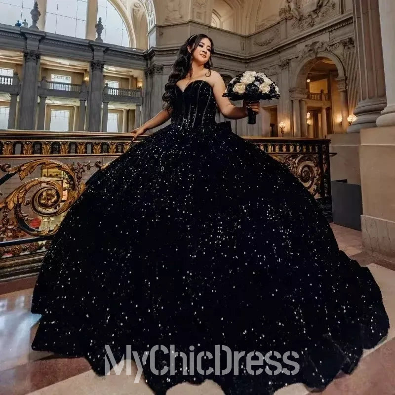 Black Sweet 15 Dress Sparkly Plus Size Quinceanera Dress Sequined US2 / Custom Color Black Sweet 15 Dress Sparkly Plus Size Quinceanera Dress Sequined US2 / Custom Color