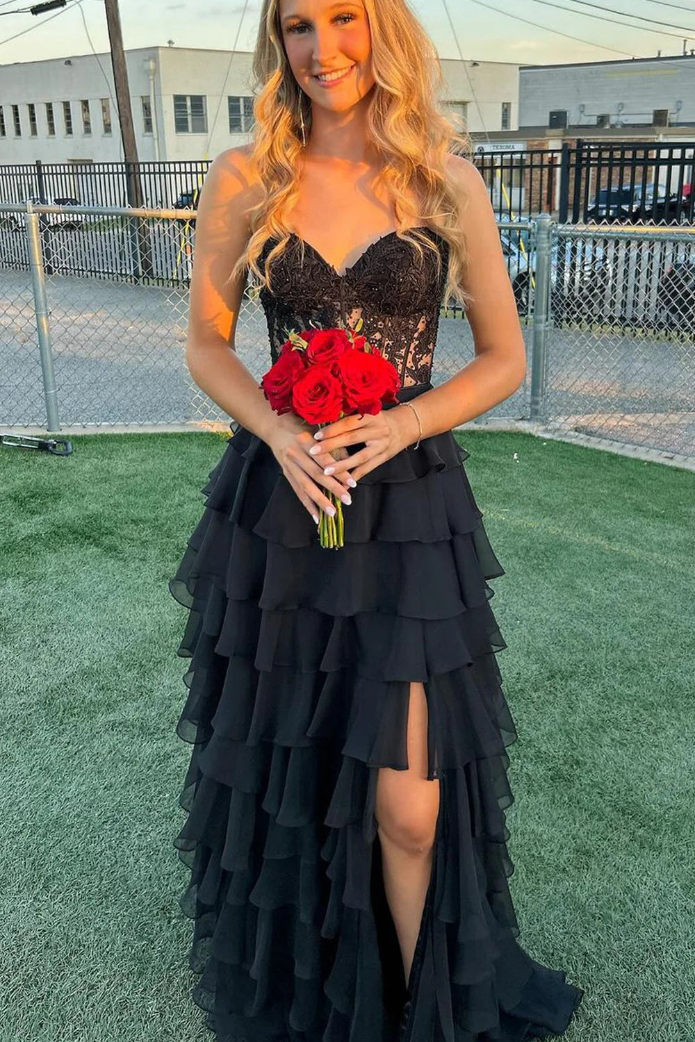Black Tiered Prom Dresses Lace Chiffon A Line Sweetheart with Slit Black / US14 Black Tiered Prom Dresses Lace Chiffon A Line Sweetheart with Slit Black / US14