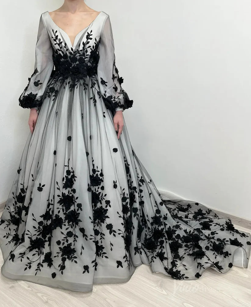 Black White Wedding Dress Floral Long Puff Sleeves with 3D Flowers Black White / Custom Size Black White Wedding Dress Floral Long Puff Sleeves with 3D Flowers Black White / Custom Size