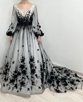 Black White Wedding Dress Floral Long Puff Sleeves with 3D Flowers Mychicdress