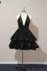 Sexy Black Sequin tiered Prom Dress Tiered Short Homecoming Dresses Back Open