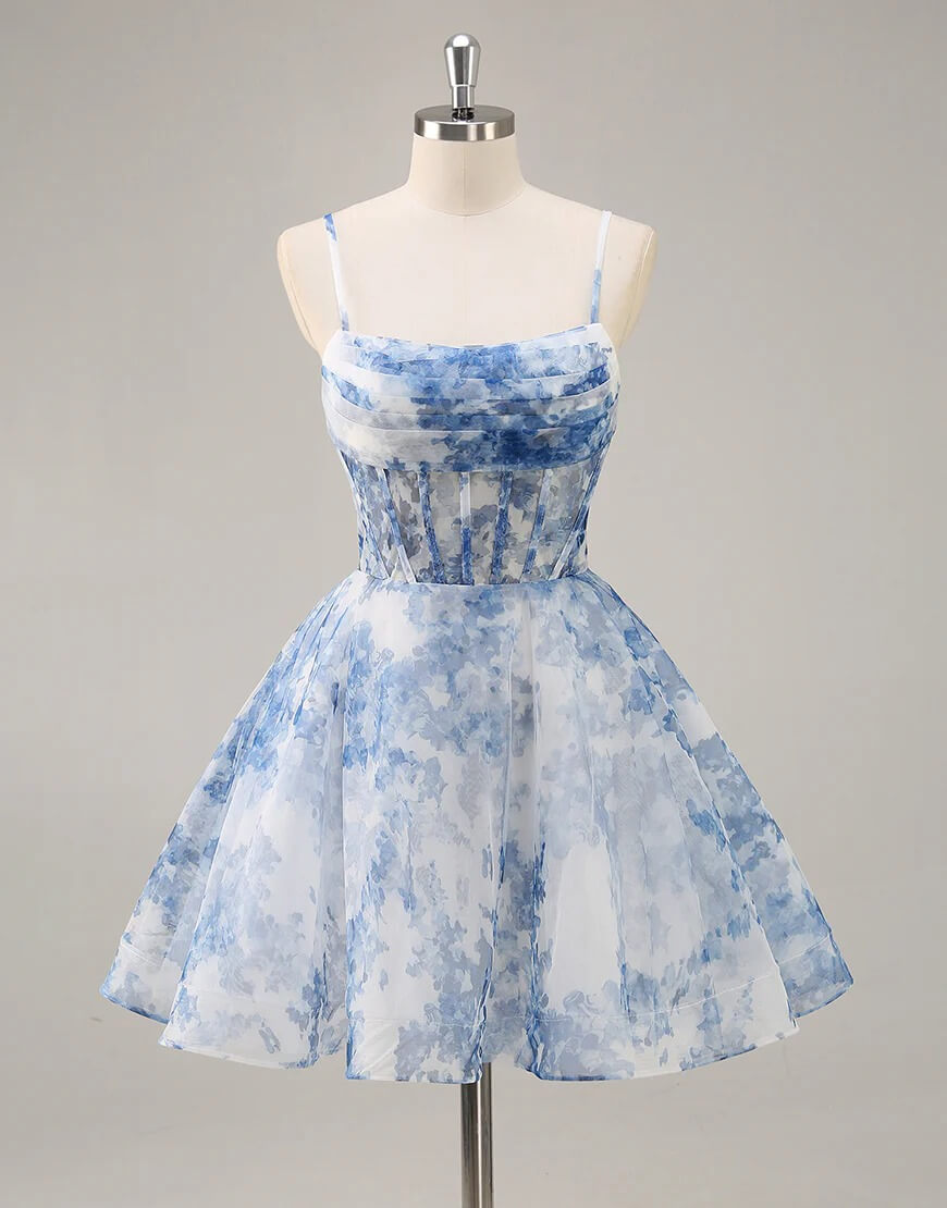 blue and white floral homecoming dress Blue Floral Homecoming Dress Corset Print Short Prom Dress A Line Blue / US14W
