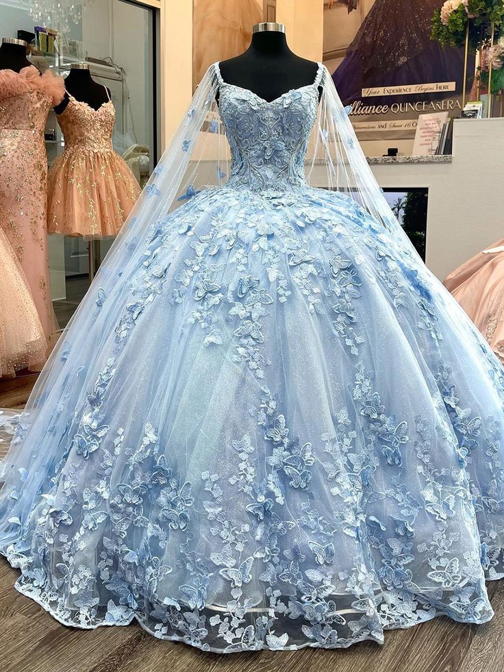 light blue quince dress with butterflies Blue XV Anos Quinceanera Dresses for Sweet 15 with Butterfly US14W / Blue