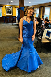 Blue Prom Dress Satin Backless Mermaid Long with Bow