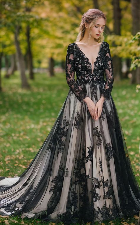 Boho Gothic Lace Black White Wedding Dress Long-Sleeve – MyChicDress