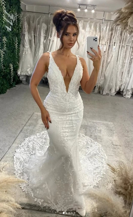 Boho Lace Bridal Gowns Deep V Neck Mermaid Wedding Dress Backless Ivory / US6 Boho Lace Bridal Gowns Deep V Neck Mermaid Wedding Dress Backless Ivory / US6