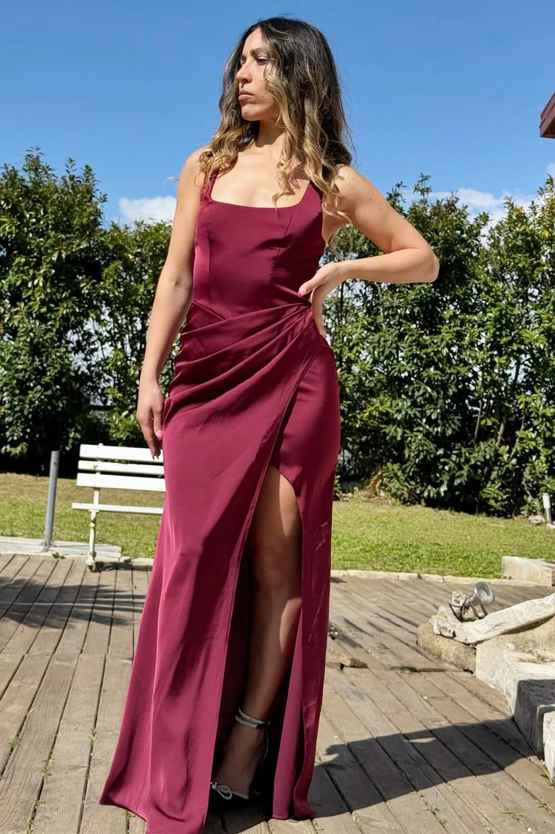 Burgundy Satin Formal Gown for Wedding Guests Maxi Dress Square Neck MyChicDress Burgundy Satin Formal Gown for Wedding Guests Maxi Dress Square Neck MyChicDress