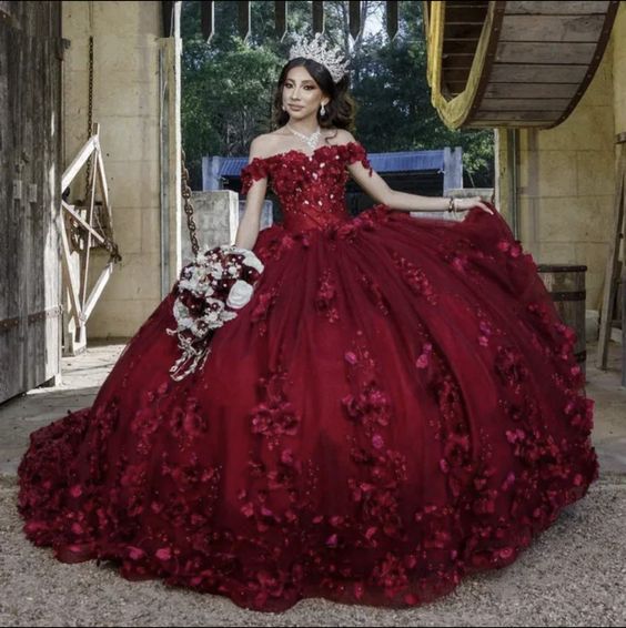 Burgundy Quince Dress Flowers Ball Gown Sweetheart Off the