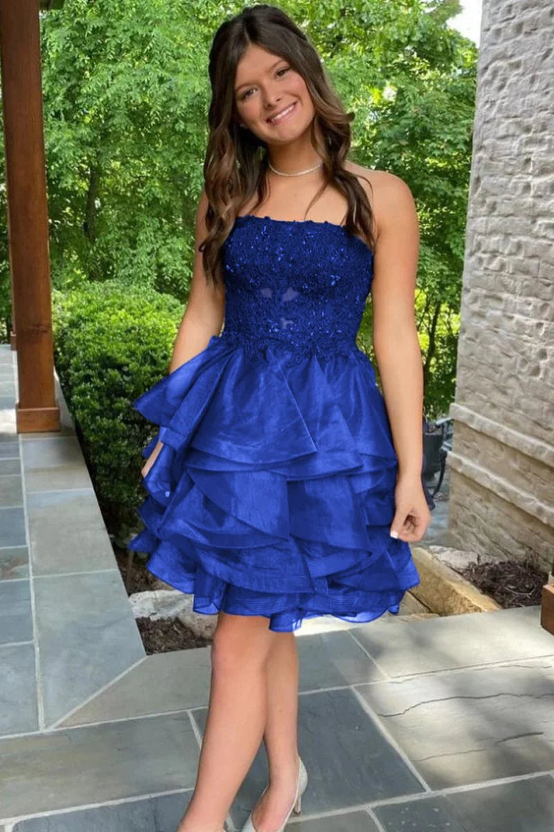 A-line Lace Appliques Organza Short Homecoming Dress, Royal Blue / 8 A-line Lace Appliques Organza Short Homecoming Dress, Royal Blue / 8