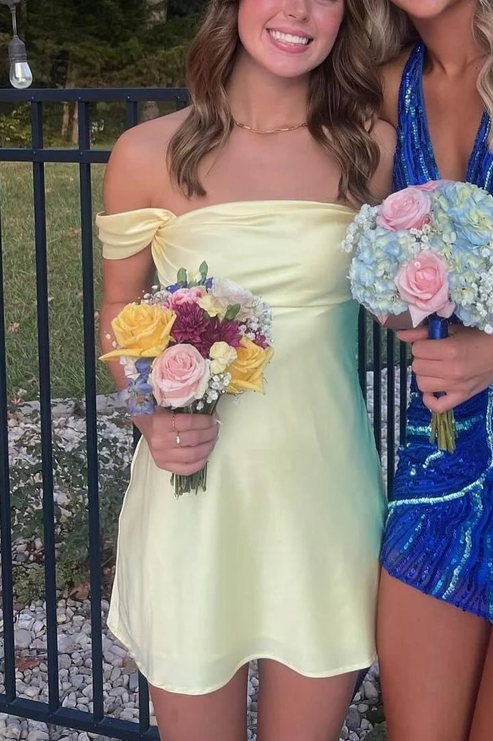 Cheap Mini Yellow Homecoming Dress Silk Satin Off-Shoulder MyChicDress Cheap Mini Yellow Homecoming Dress Silk Satin Off-Shoulder MyChicDress