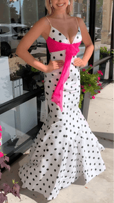 Cheap Polka Dot Prom Dresses Mermaid Spaghetti Straps Fuchsia Belt