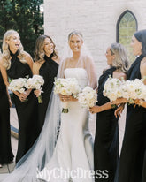 Cheap Sheath Halter Black Bridesmaid Dress Satin Backless Mychicdress