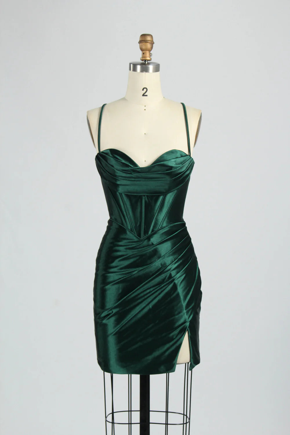 green silk hoco dress Spaghetti Straps Emerald Green Satin Tight Homecoming Dress Movousdress