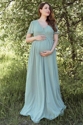 Chiffon Maternity Bridesmaid Dress Dusty Sage V-Neck with Flared Sleeves Mychicdress