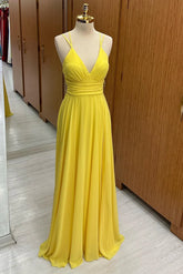 Chiffon Yellow V-Neck Bridesmaid Dress for Summer Wedding Cross Back Mychicdress