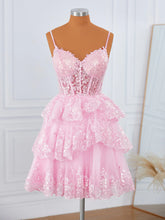 Corset Pink Mini Dress Tulle V-neck Appliques Short Lace Hoco Dress