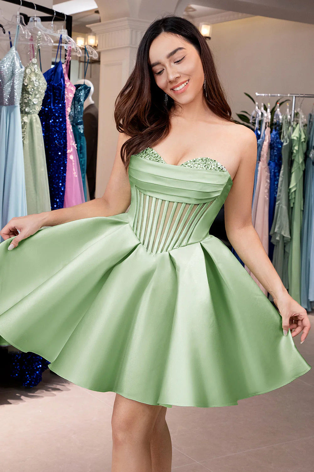Corset Sage Green Hoco Dress Strapless Tight with Beading – MyChicDress