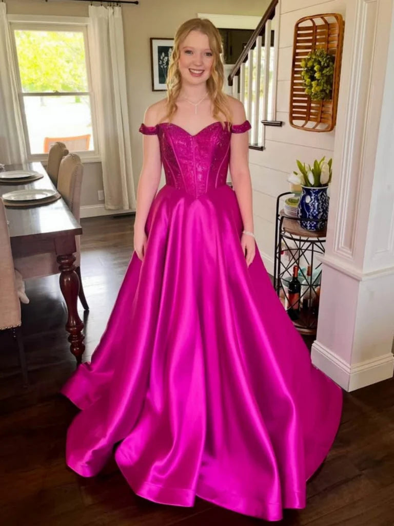 Custom Made Lace Magenta Prom Dresses Off the Shoulder Magenta / US22W Custom Made Lace Magenta Prom Dresses Off the Shoulder Magenta / US22W