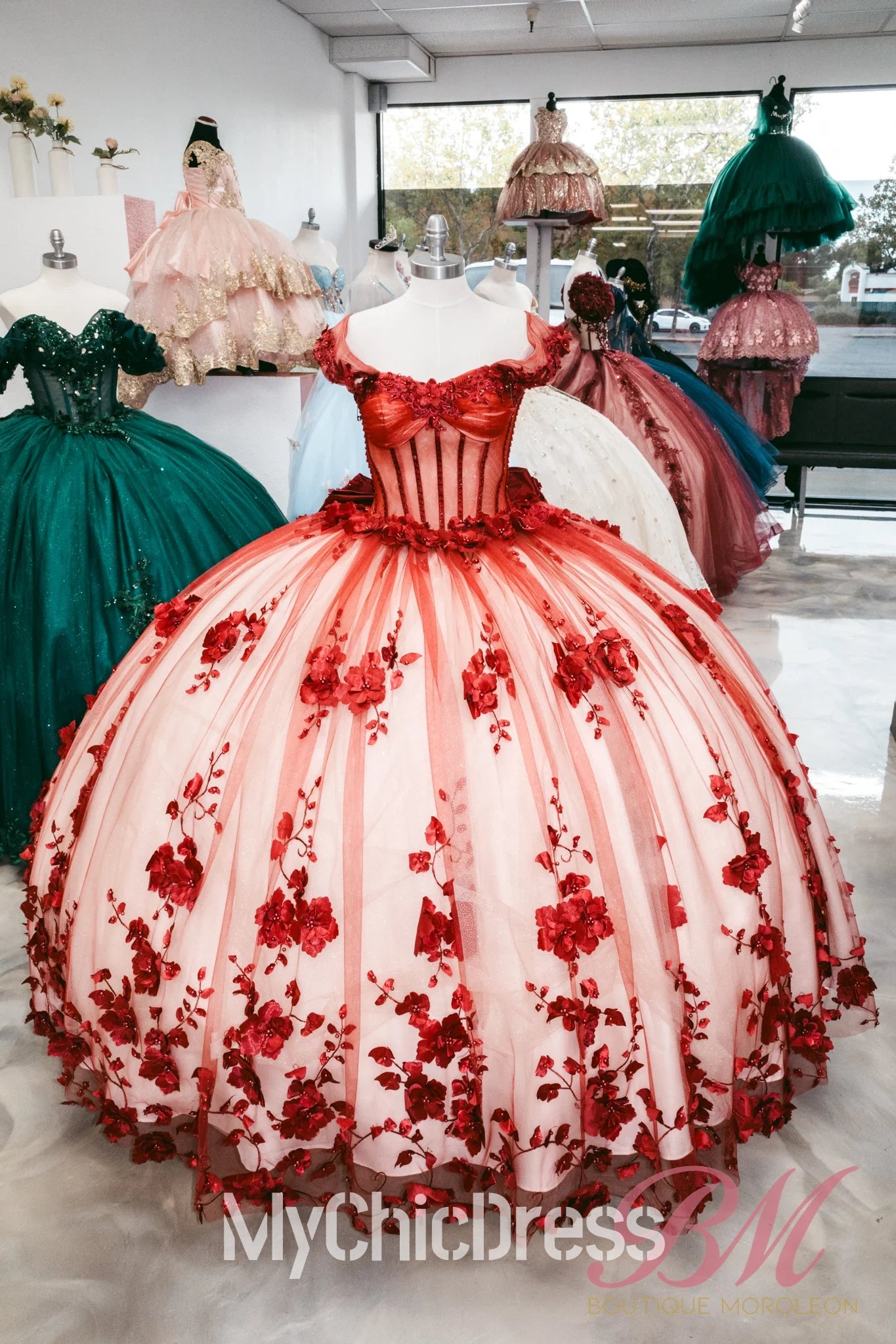 Custom Made Red 15 Dress Ball Gown Quinceanera Dress with Flowers US20W / Red