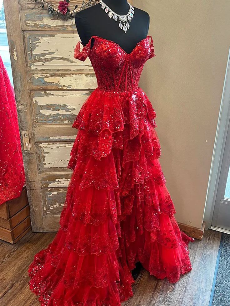Custom Made Red Senior Prom Dresses Layered Off Shoulder Long Formal W MyChicDress Custom Made Red Senior Prom Dresses Layered Off Shoulder Long Formal W MyChicDress