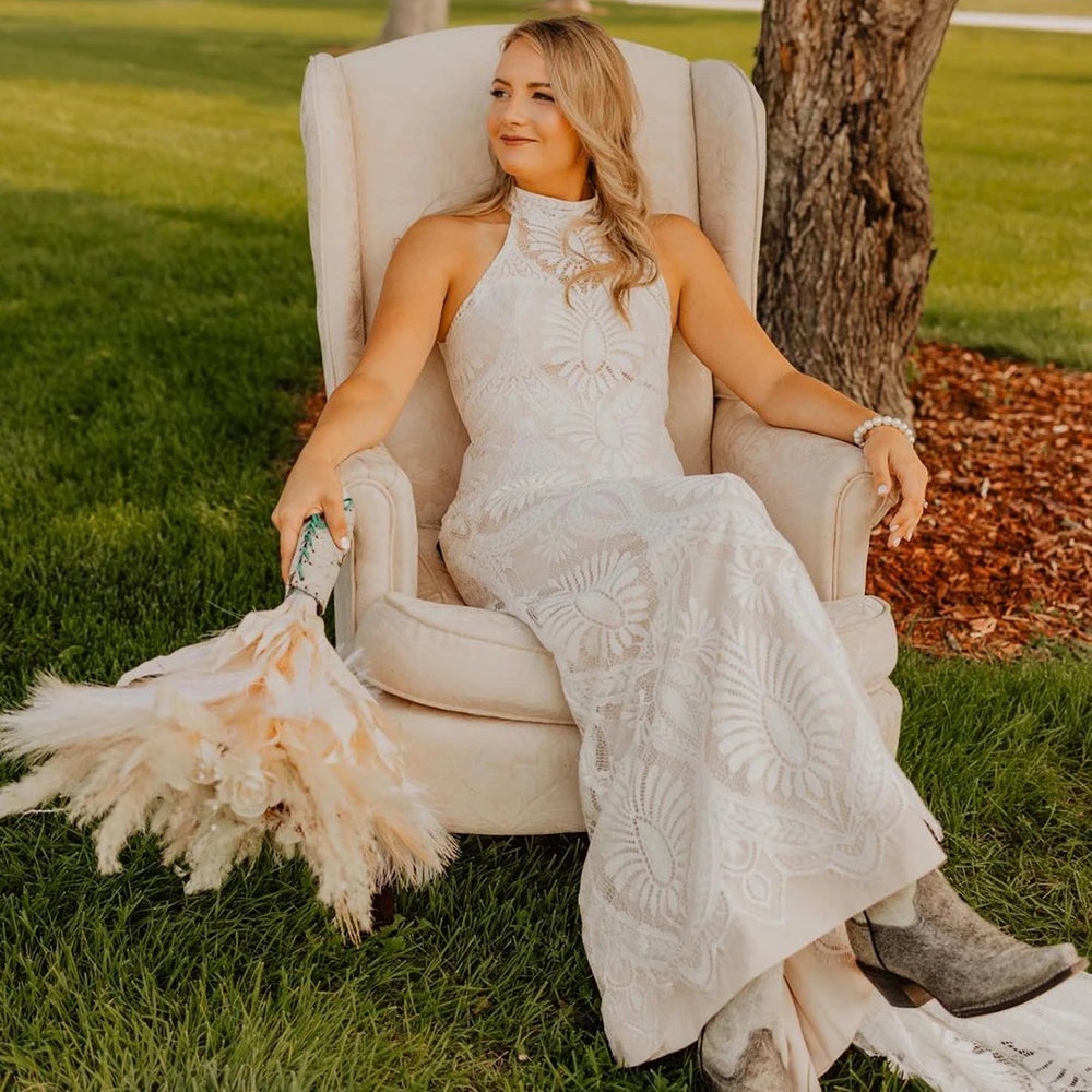 Customized Mermaid Halter Beach Wedding Dress Lace Sleeveless US22W / White Customized Mermaid Halter Beach Wedding Dress Lace Sleeveless US22W / White