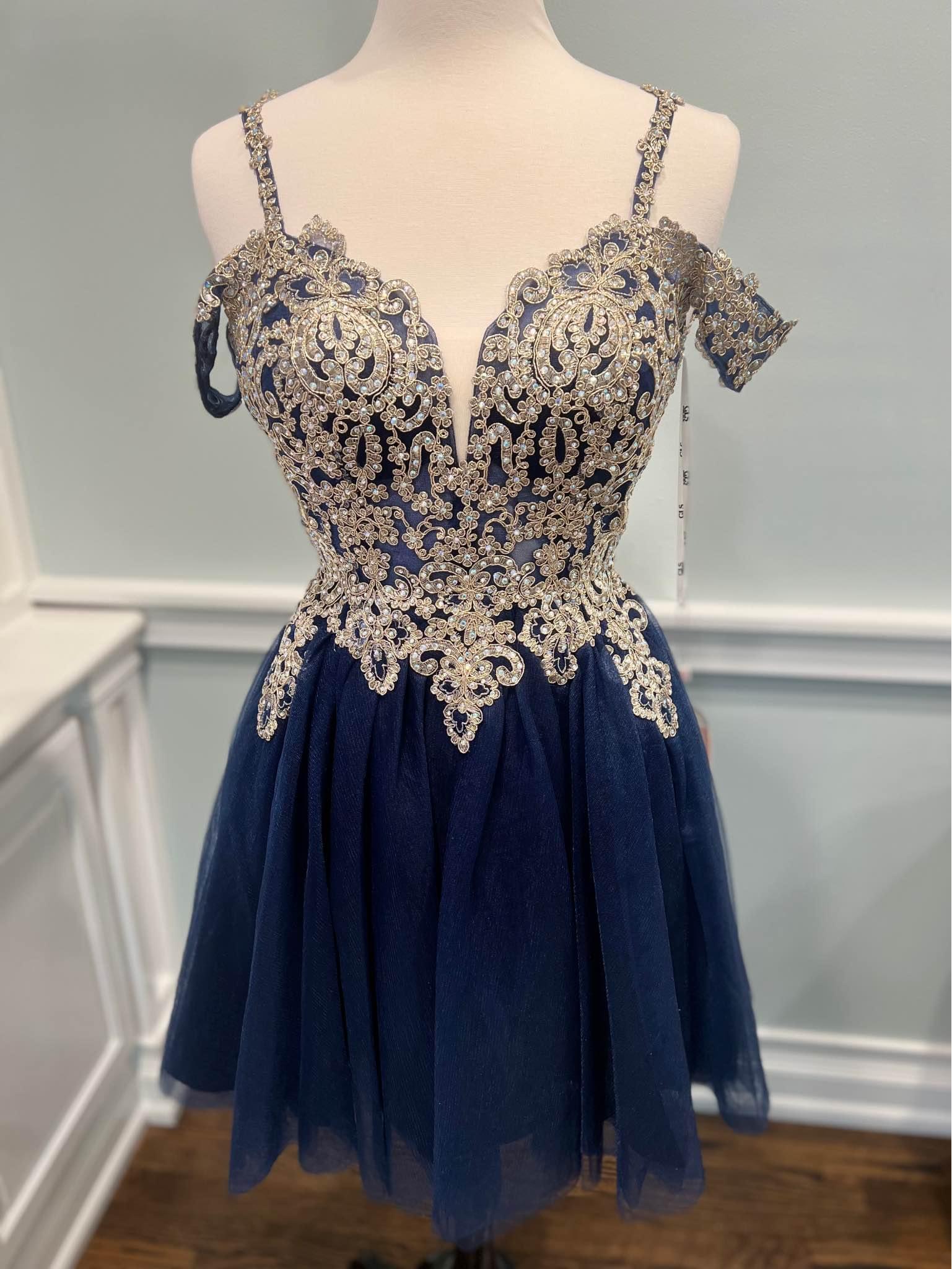 Cute Gold Lace Navy Blue Homecoming Dress Short Sweet 16 Dress US14 / Navy Blue Cute Gold Lace Navy Blue Homecoming Dress Short Sweet 16 Dress US14 / Navy Blue