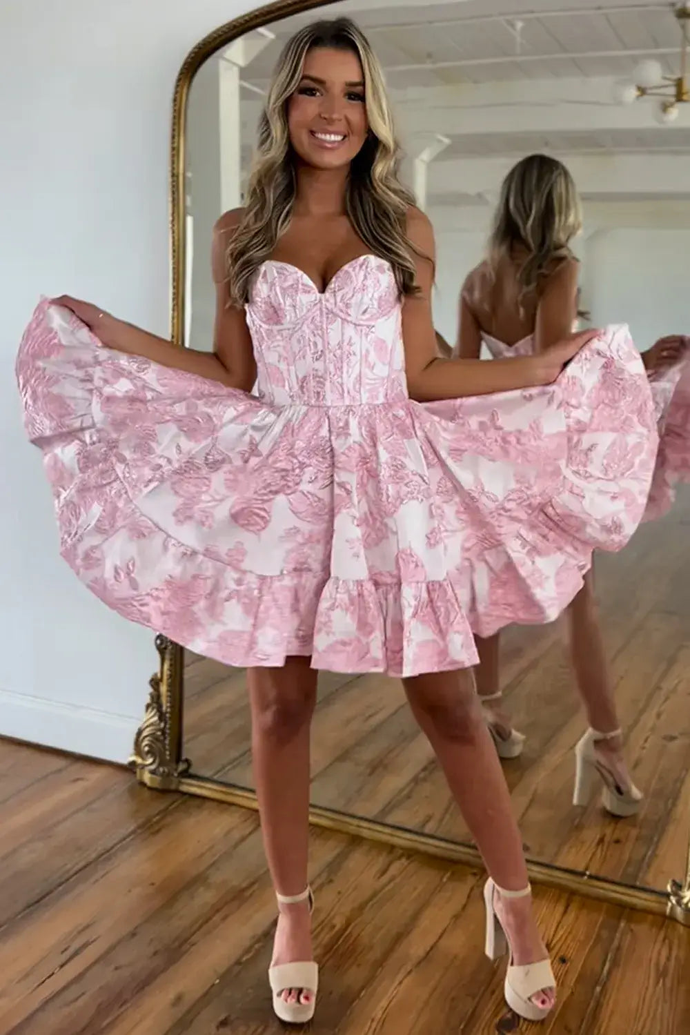 Cute Printed Mini Pink Homecoming Dress Strapless Floral Dress Pink / US8