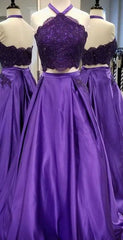 Purple 2 Piece Lace Prom Dress Halter Long Evening Gowns With Pockets