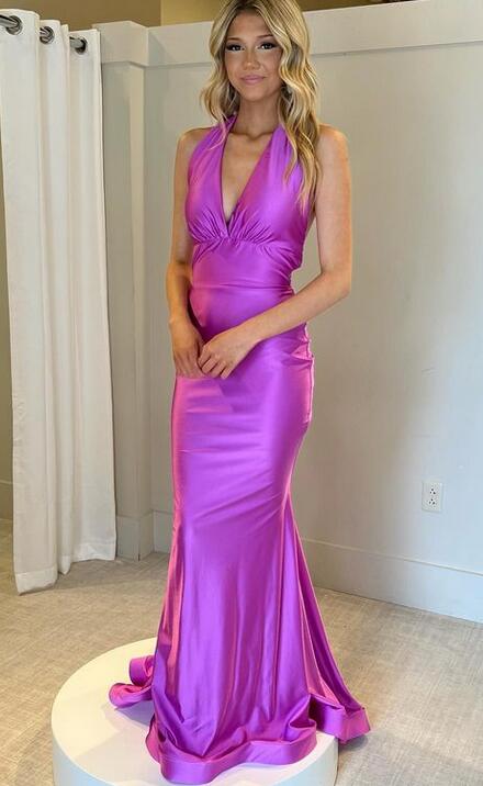 Deep V-neck Sexy Long Summer Wedding Guest Dress Halter Backless Purple / US6 Deep V-neck Sexy Long Summer Wedding Guest Dress Halter Backless Purple / US6