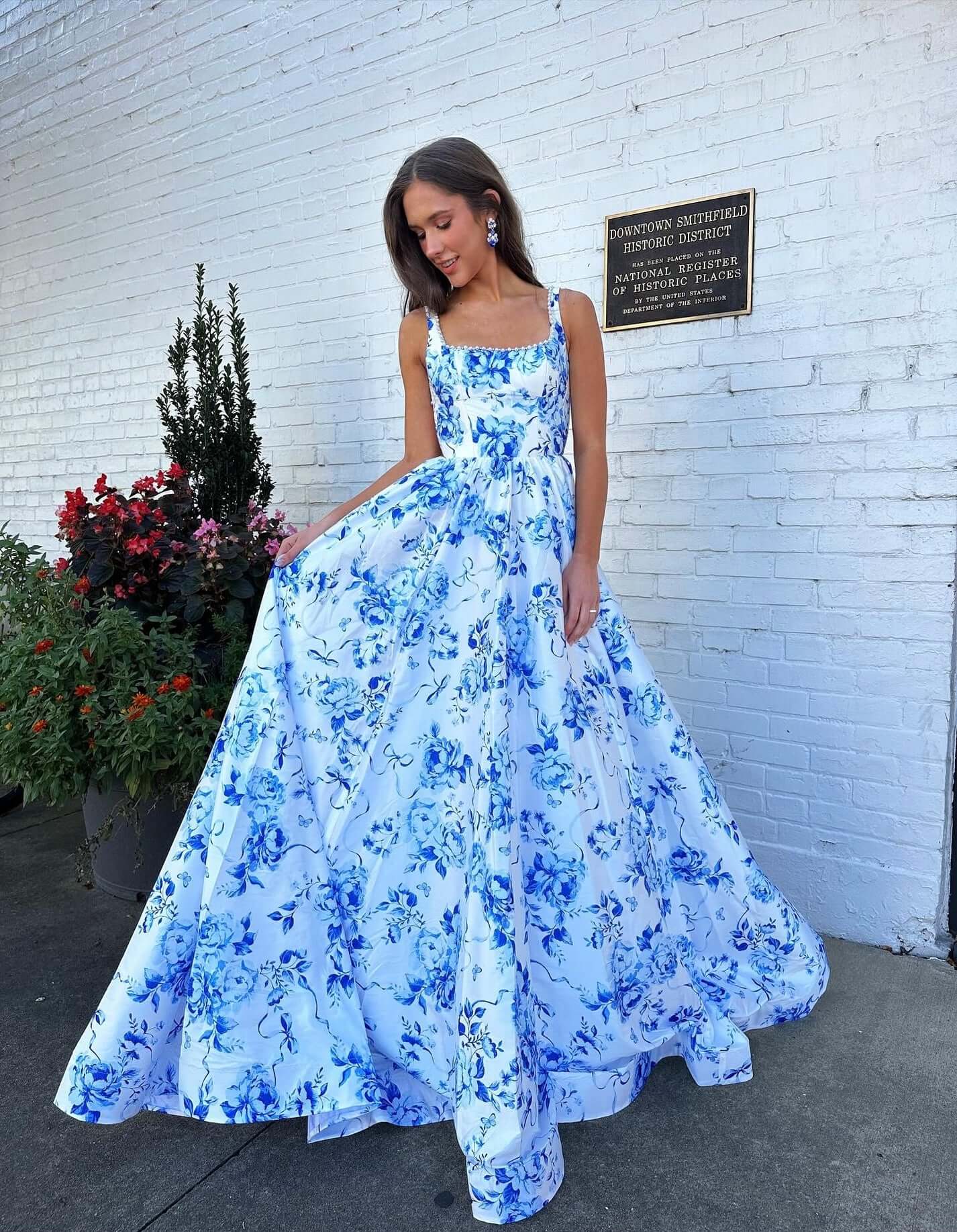 Discount Floral Print Blue 2026 Prom Dress Near Me Long Evening Gowns Custom color / US12 Discount Floral Print Blue 2026 Prom Dress Near Me Long Evening Gowns Custom color / US12