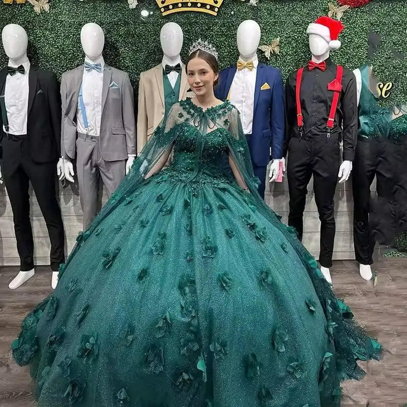 Discount Sequined Emerald Green Quinceanera Dress with cape US18W / Emerald Green Discount Sequined Emerald Green Quinceanera Dress with cape US18W / Emerald Green