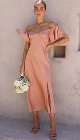 Elegant Satin Off Shoulder Midi Formal Wedding Guest Dress Mychicdress