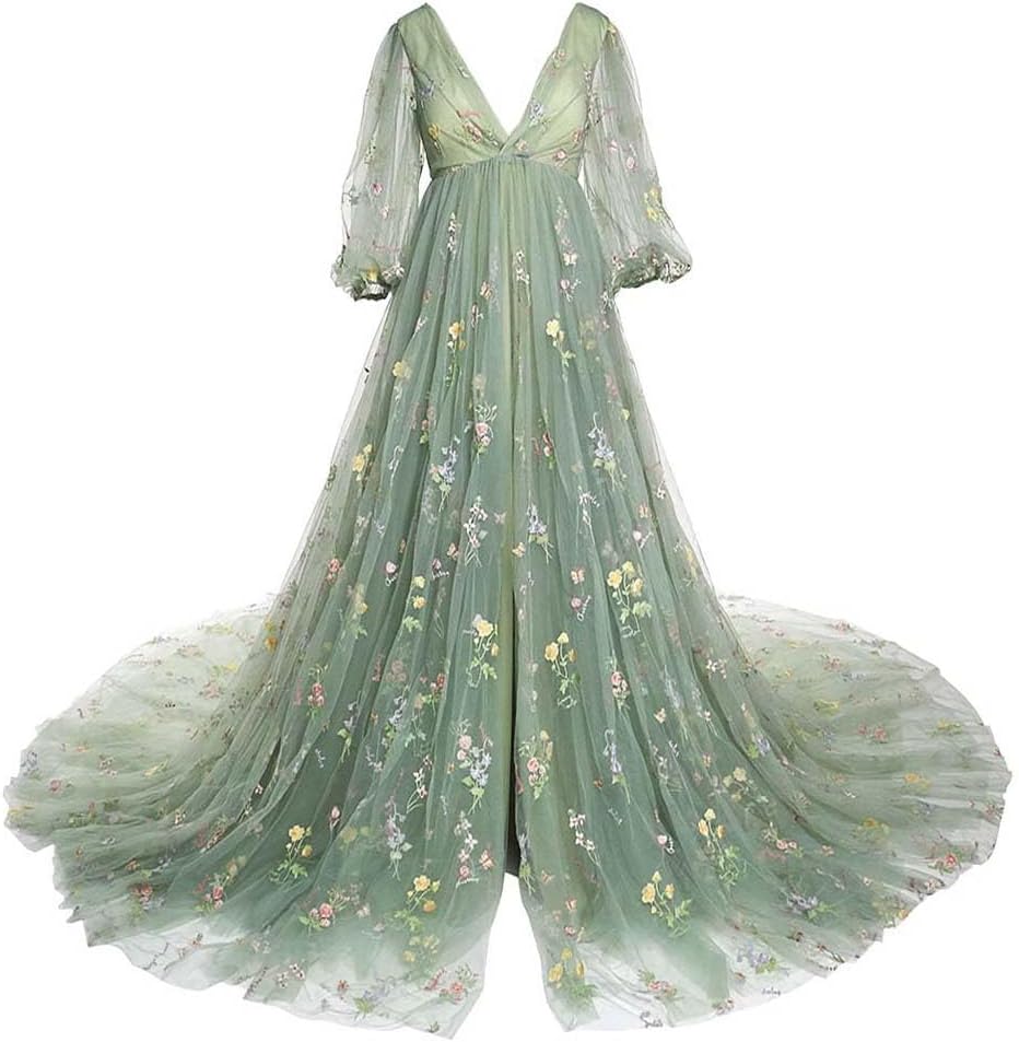 Embroidery Maternity Photoshoot Dress Tulle Robe Pregnancy Baby Shower Gown US6 / Blue