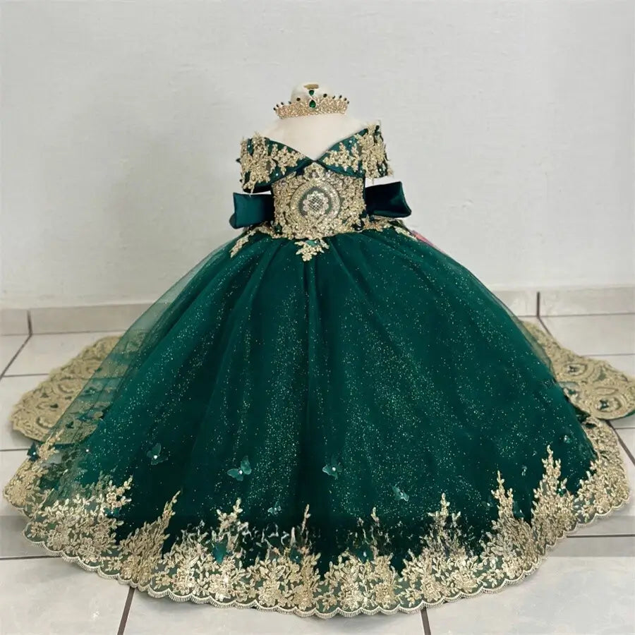 emerald green flower girl dress Emerald Green Flower Girl Dresses Gold Lace Applique Girls Birthday Dress Emerald Green / 14