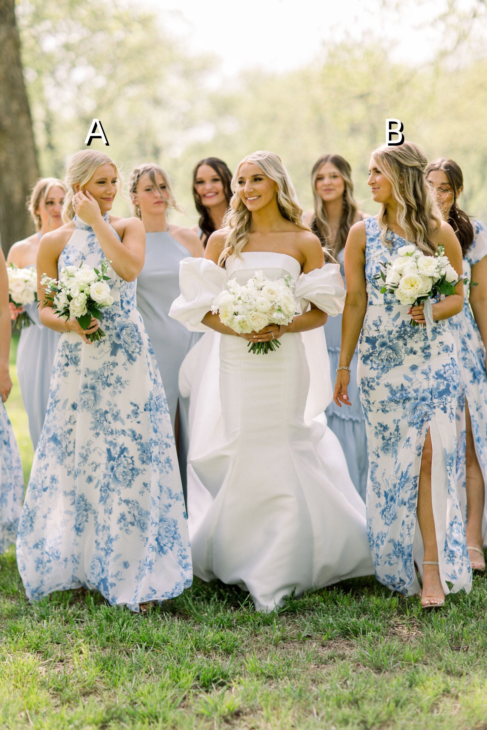 Floor Length Blue Mismatched Floral Bridesmaid Dress Printed US16 / Custom color / B Floor Length Blue Mismatched Floral Bridesmaid Dress Printed US16 / Custom color / B