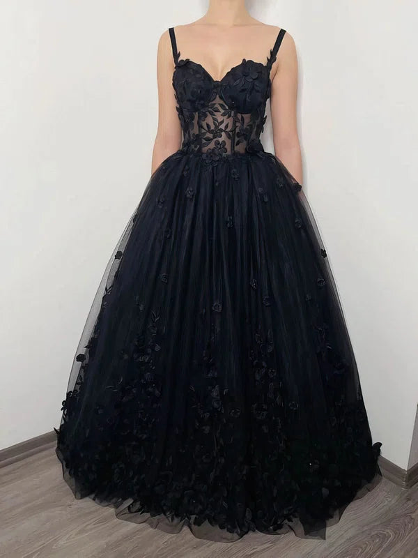 Floor-length Boho Black Wedding Dresses Lace With Flowers US20W / Black Floor-length Boho Black Wedding Dresses Lace With Flowers US20W / Black