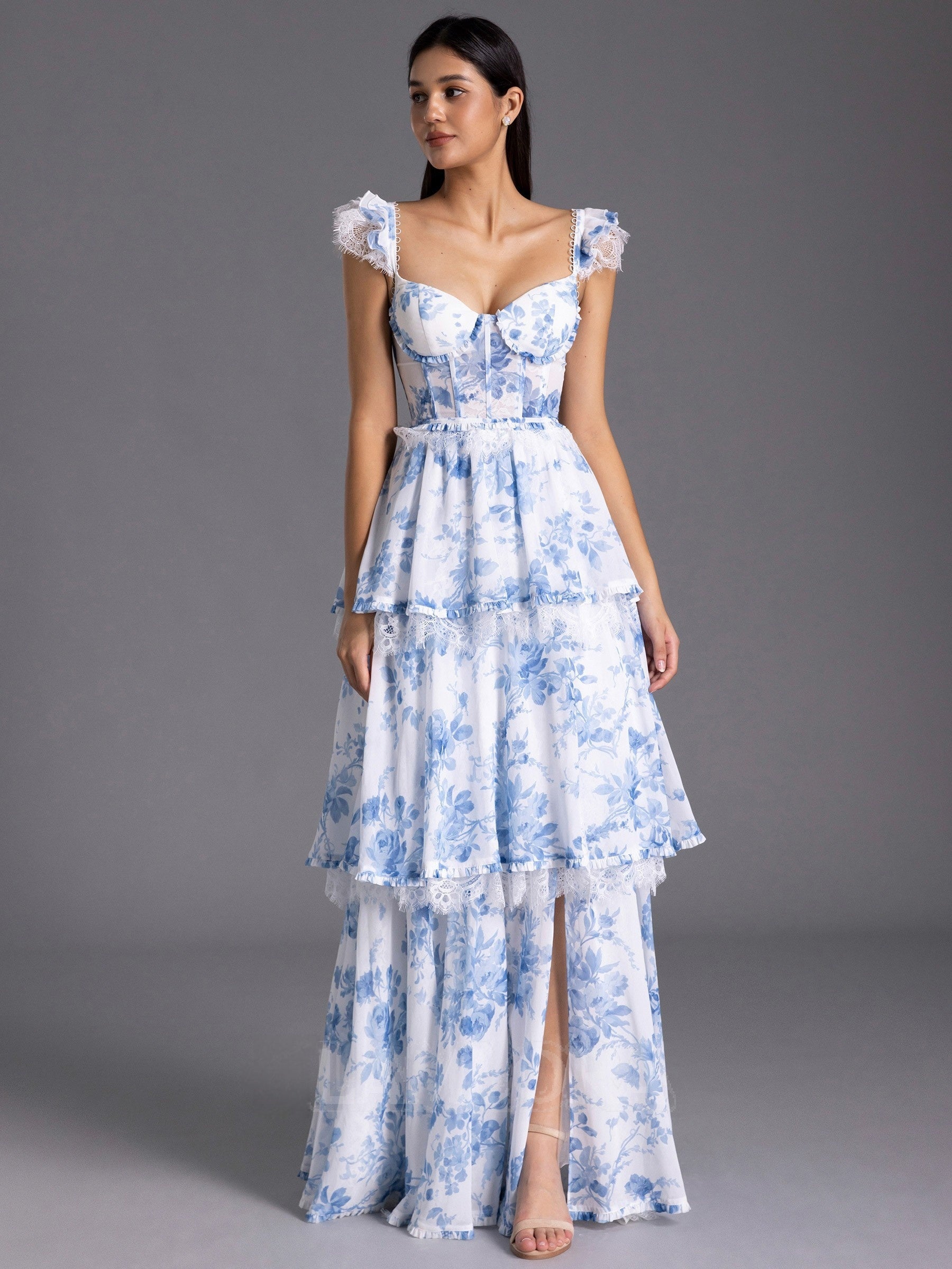 Floor-Length Floral Formal Guest Dress Blue Corset Bridesmaid Dress MyChicDress Floor-Length Floral Formal Guest Dress Blue Corset Bridesmaid Dress MyChicDress