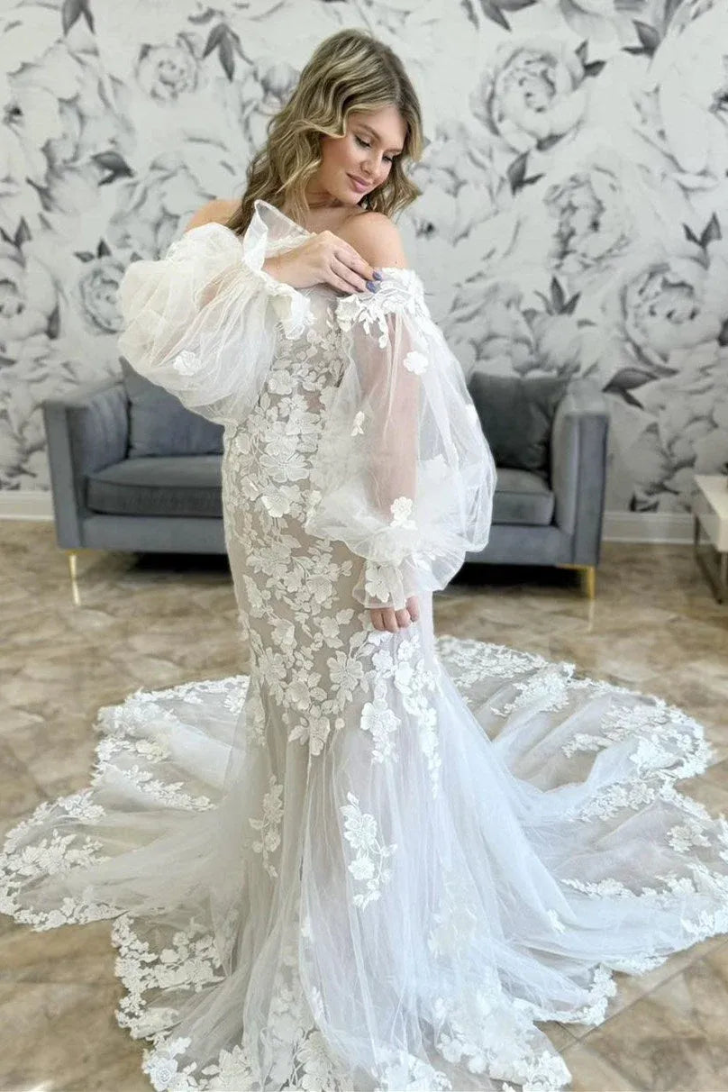 Flowy Lace Wedding Dresses with Sleeves Off-The-Shoulder Mermaid White / US14 Flowy Lace Wedding Dresses with Sleeves Off-The-Shoulder Mermaid White / US14