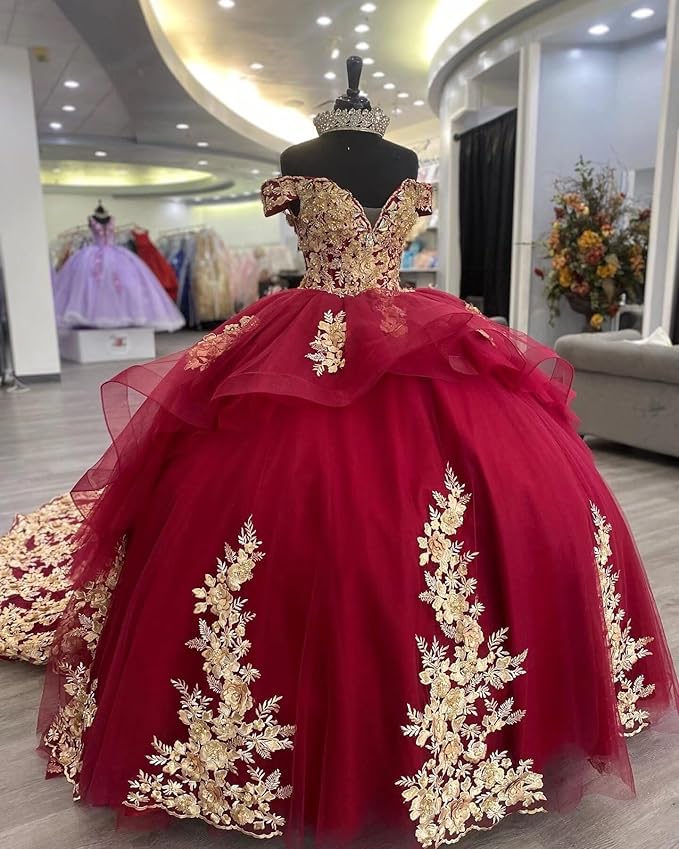 fitted lace wedding dress Girls Red Gold Mexican Quinceanera Dresses 3D Flower Pattern Ball Gown fitted lace wedding dress Girls Red Gold Mexican Quinceanera Dresses 3D Flower Pattern Ball Gown