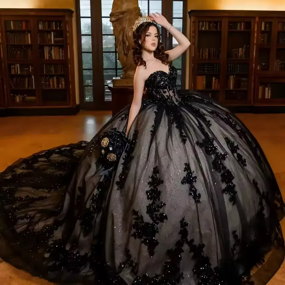 Glitter Lace Black Quince Dresses Corset Gothic Wedding Dress Custom color / US14 Glitter Lace Black Quince Dresses Corset Gothic Wedding Dress Custom color / US14