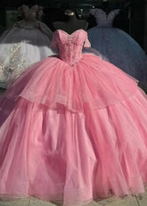Glitter Pink Quinceanera Dress Off the Shoulder with Beaded Mychicdress