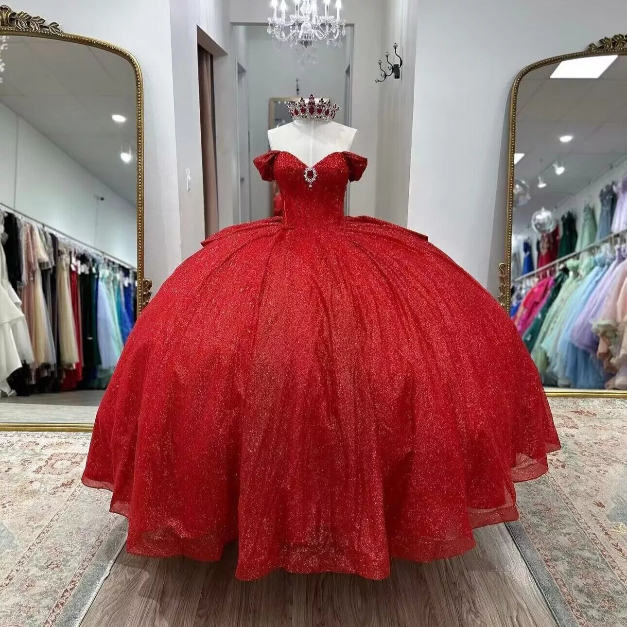 Glitter Red Quinceanera Dress Near Me Beaded Off Shoulder with Bow Pink / US18W Glitter Red Quinceanera Dress Near Me Beaded Off Shoulder with Bow Pink / US18W