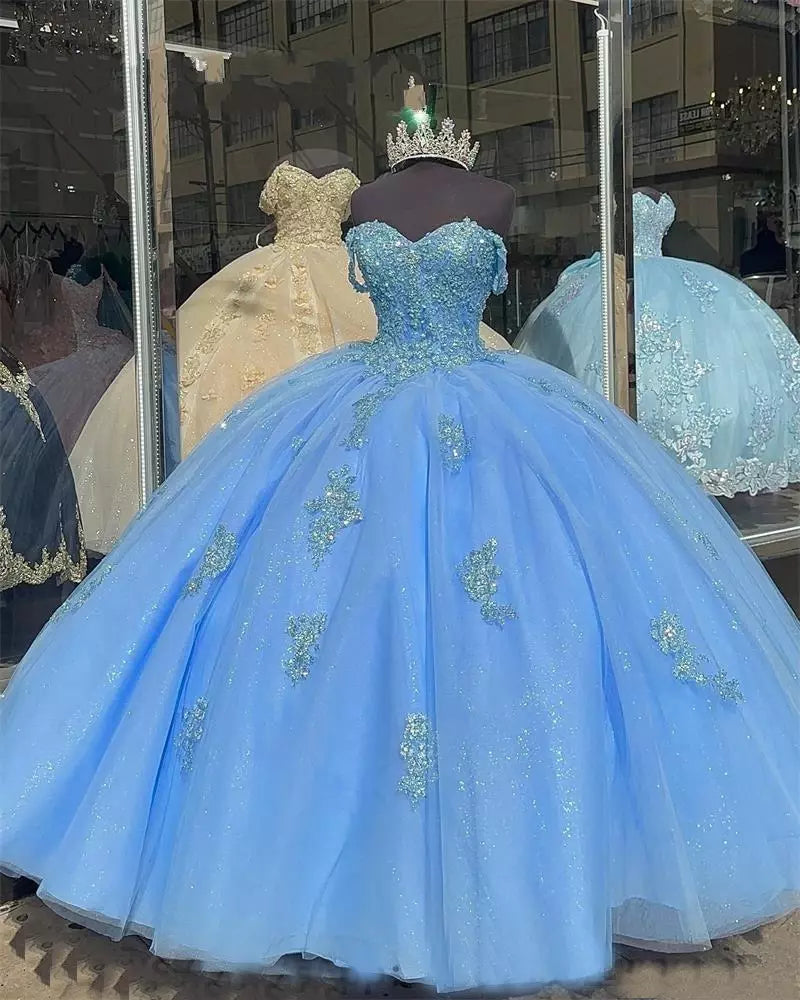 Glitter Sky Blue Quinceanera Dresses Lace Bead XV Vestidos de 15 Anos Light Blue / US10