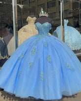 Glitter Sky Blue Quinceanera Dresses Lace Bead XV Vestidos De 15 Anos