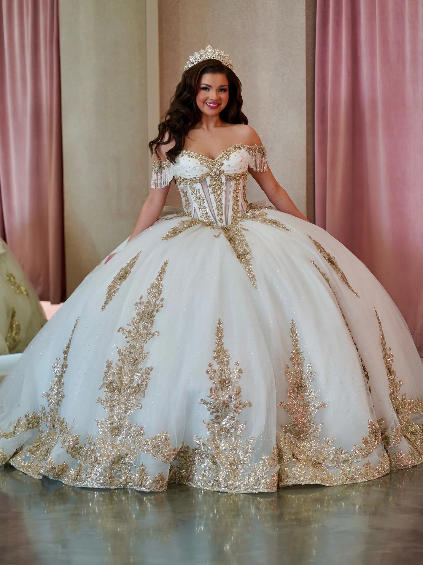 Gold and White Quinceanera Dress Corset Off the Shoulder with Bow Gold and White Quinceanera Dress Corset Off the Shoulder with Bow
