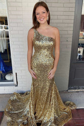 Gold Sequin Prom Dress One-Shoulder Trumpet Mermaid Maxi Dresses