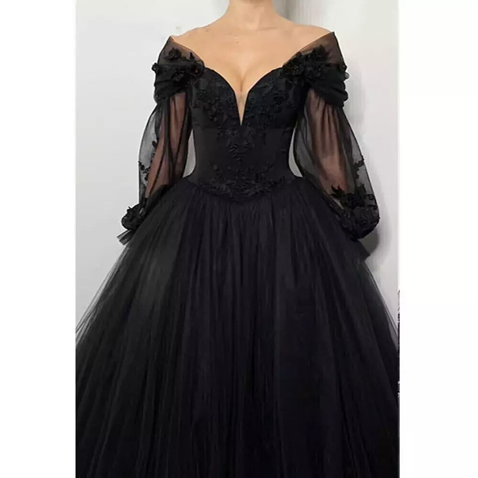 Gothic Black Boho Wedding Dresses Bubbles Sleeves V Neck Lace Appliques US18W / Custom Color Gothic Black Boho Wedding Dresses Bubbles Sleeves V Neck Lace Appliques US18W / Custom Color